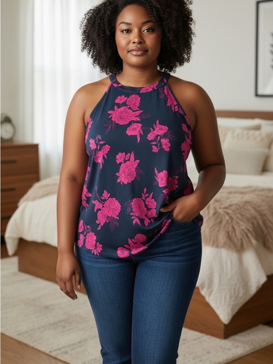 torrid Tops - torrid 4 Navy Halter Tank Top with Pink Floral Print 4X